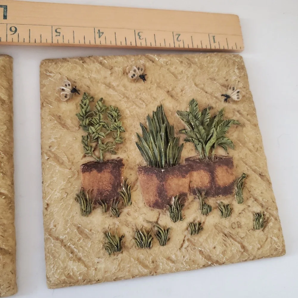 Vintage CB Beehive and Potted Plants Resin Wall Plaques Set of 2 Garden Art